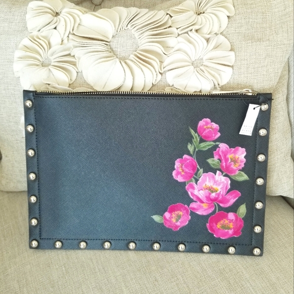 White House Black Market Handbags - White House Black Market Black  Leather Silver Studded Pink Floral Clutch NWT